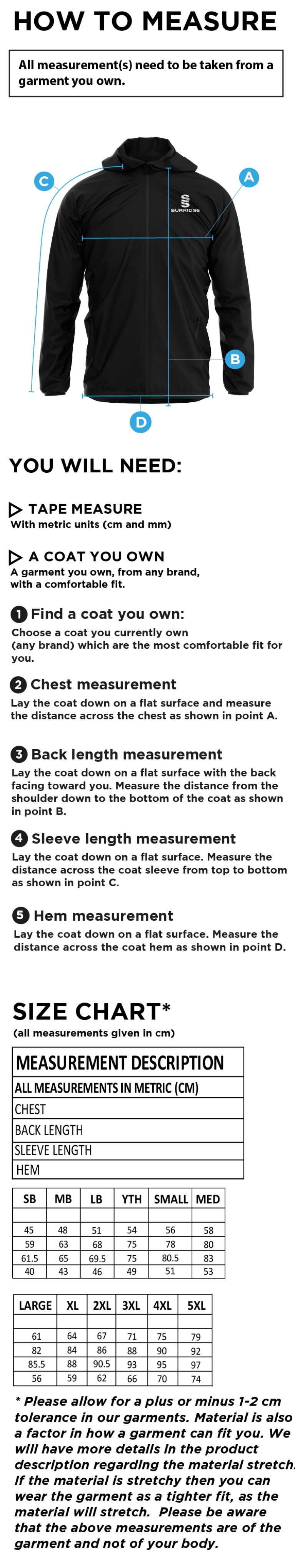 Burnley Tennis Club Lightweight Full Zip Training Jacket - Size Guide