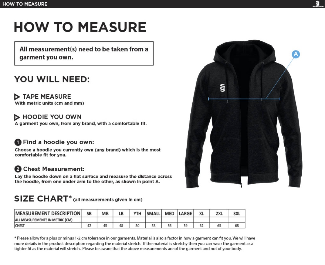 Burnley Tennis Club Dual Bonded Full Zip Hoody - Size Guide