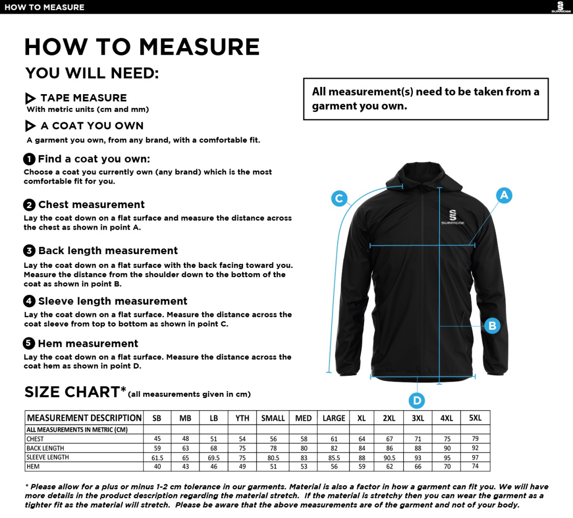 Burnley Tennis Club Lightweight Full Zip Training Jacket - Size Guide