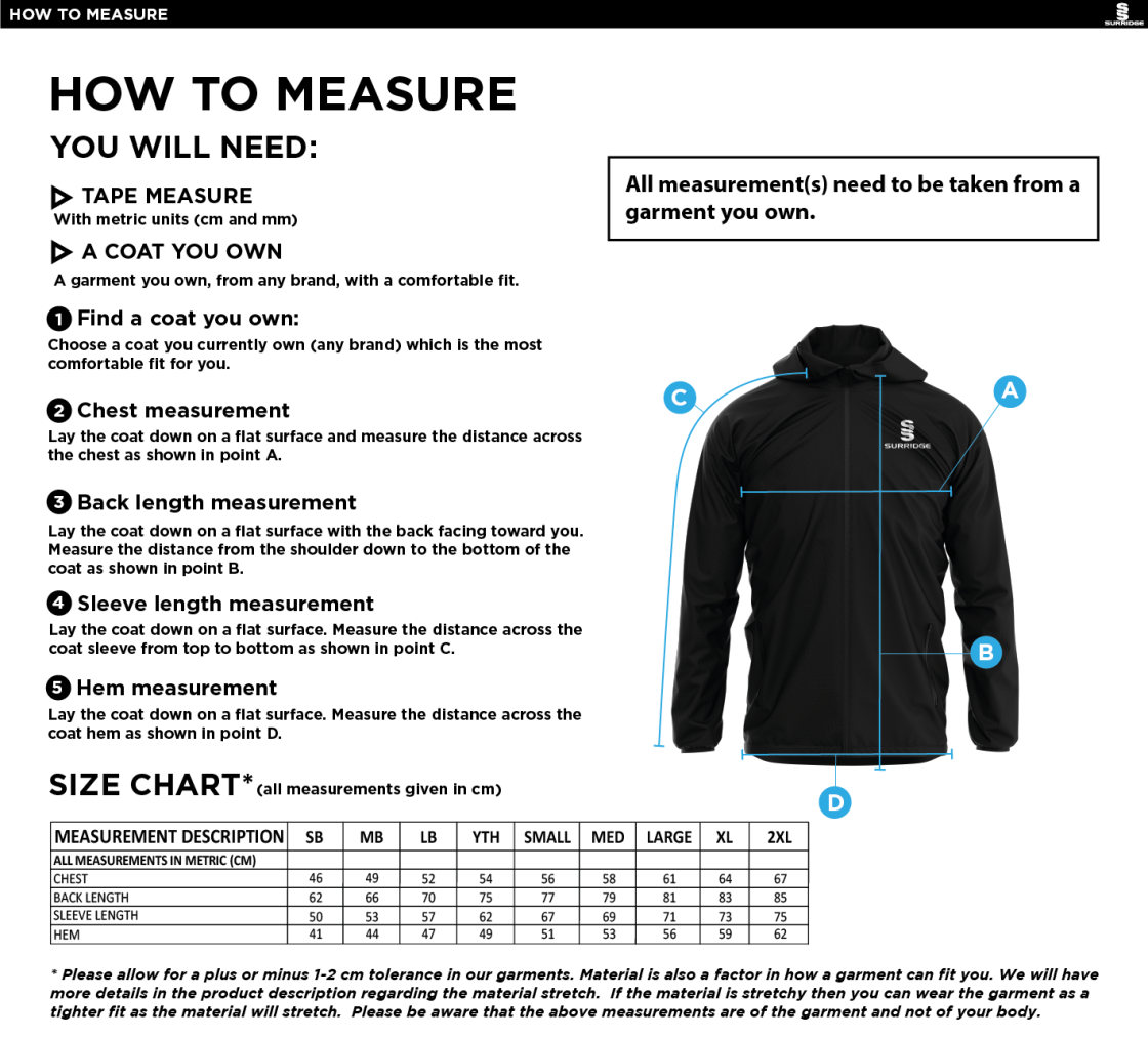 Burnley Tennis Club Lightweight Full Zip Training Jacket - Size Guide